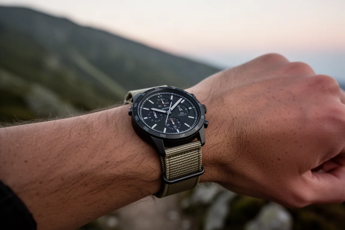 Primer plano de un reloj deportivo con correa de nylon en la muñeca de un corredor