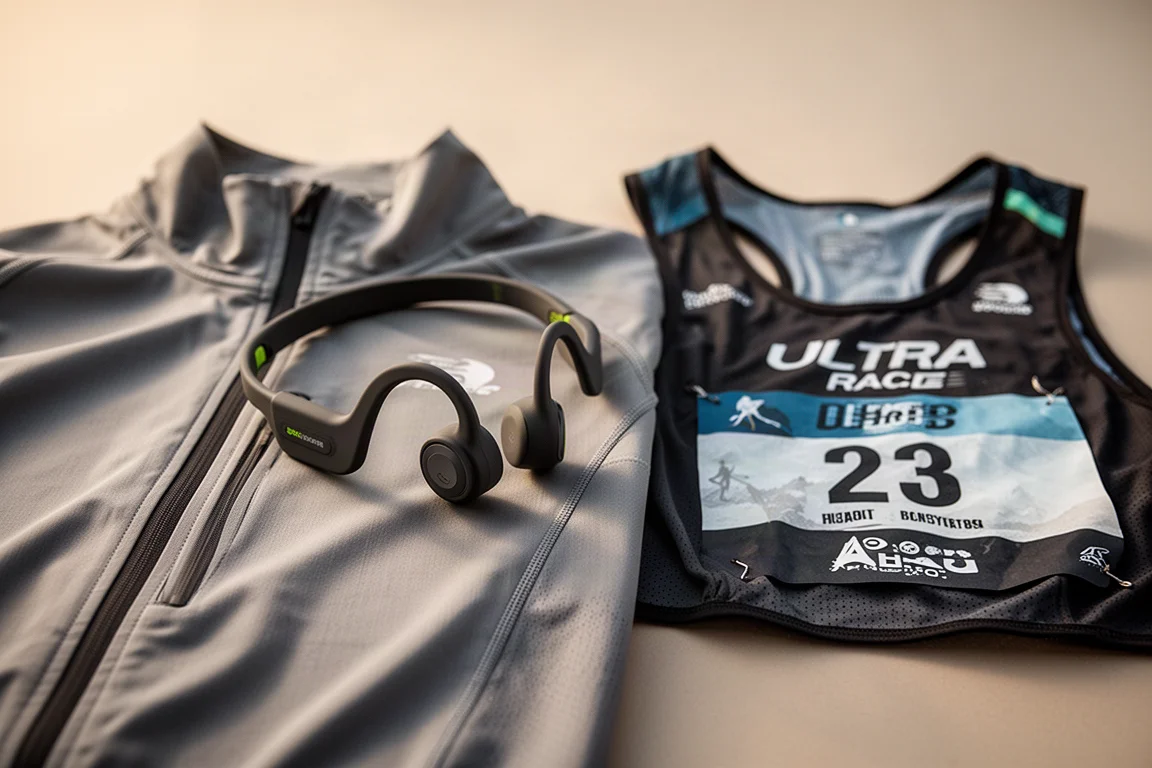 Auriculares de conducción ósea apoyados sobre la banda cervical en una chaqueta