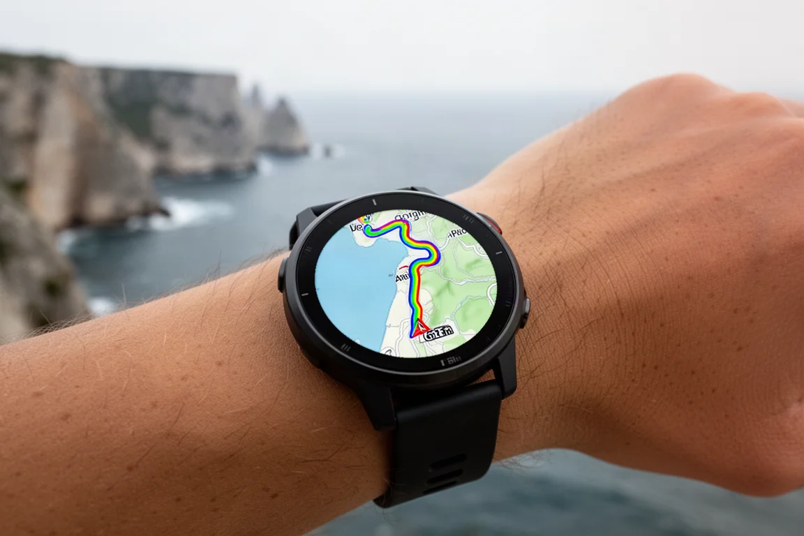 Gros plan sur une montre de sport GPS affichant une carte de navigation