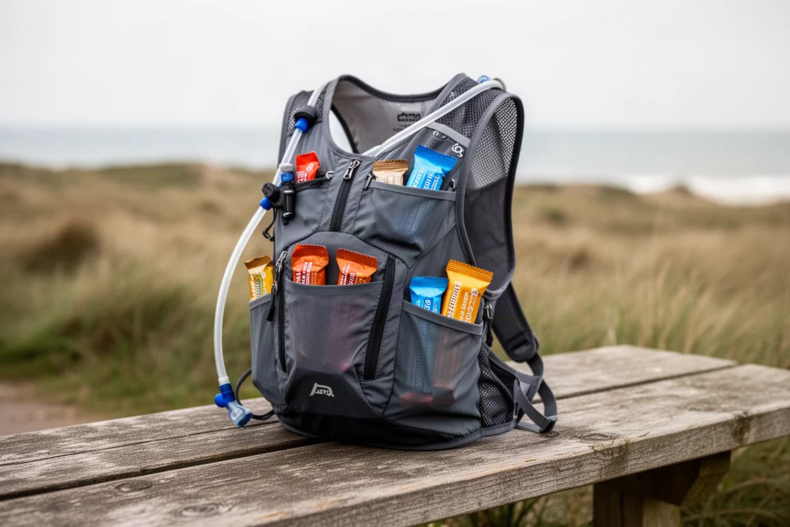 Sac à dos de trail chargé d'une poche à eau et de matériel sur un banc en bois