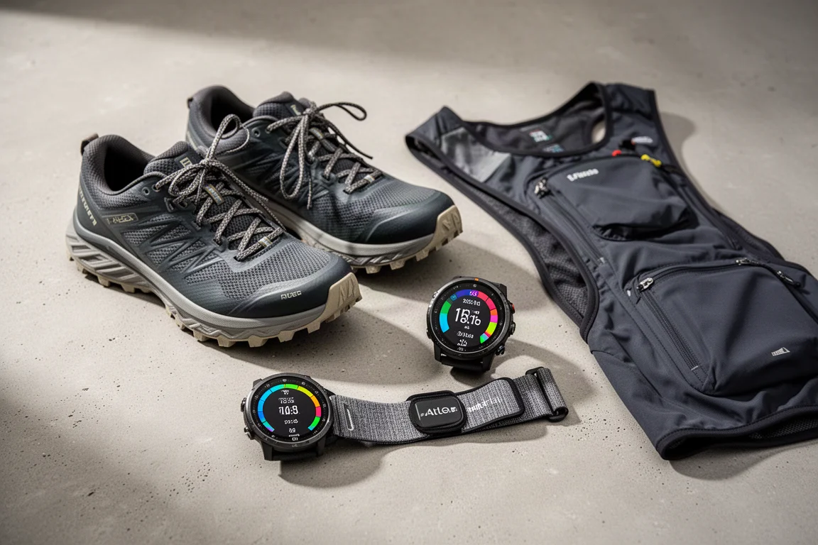 Trail running shoes, GPS watch, armband heart rate monitor, and trail backpack arranged on concrete