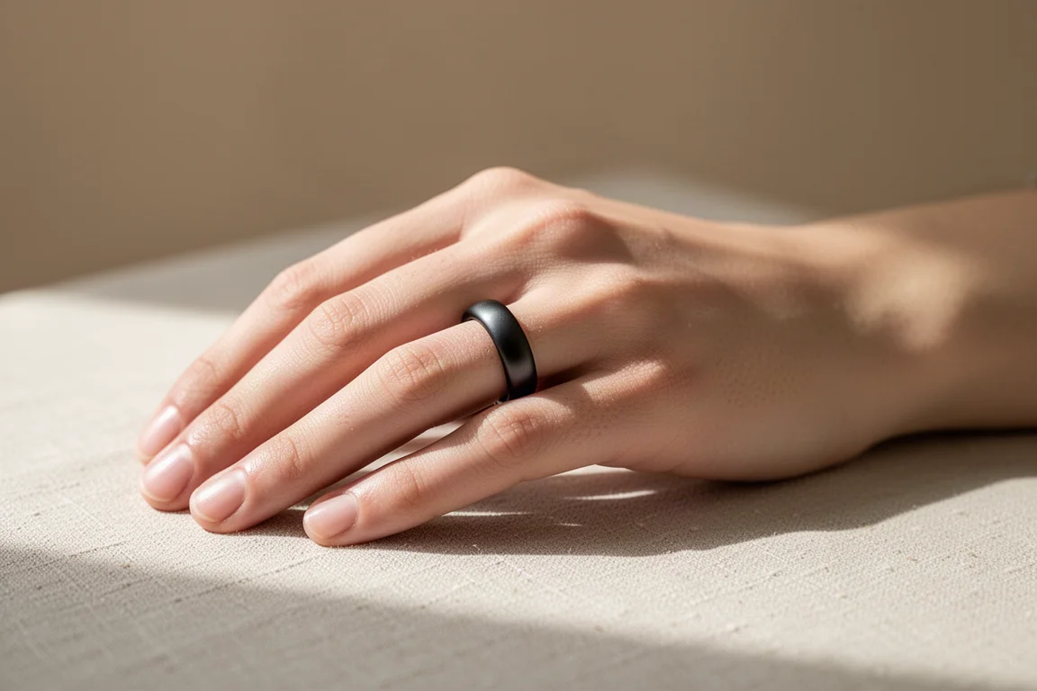 Hand mit mattschwarzem Smart Ring auf einer hellen Leinenoberfläche