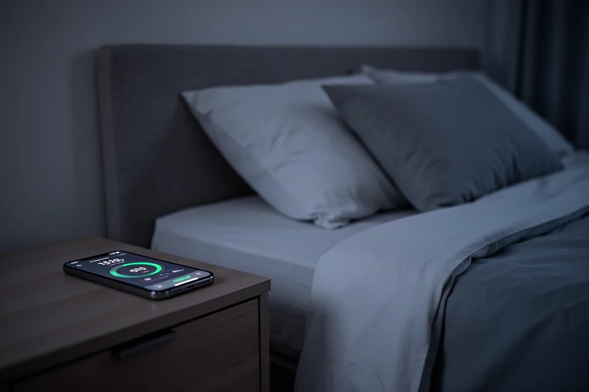 Schlafende Person in einem abgedunkelten Schlafzimmer bei Nacht mit sanftem Ambientlicht
