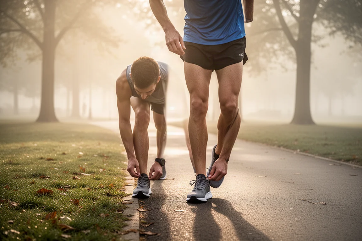 Läufer, der sich bei weichem Tageslicht auf einen frühen Morgenlauf vorbereitet