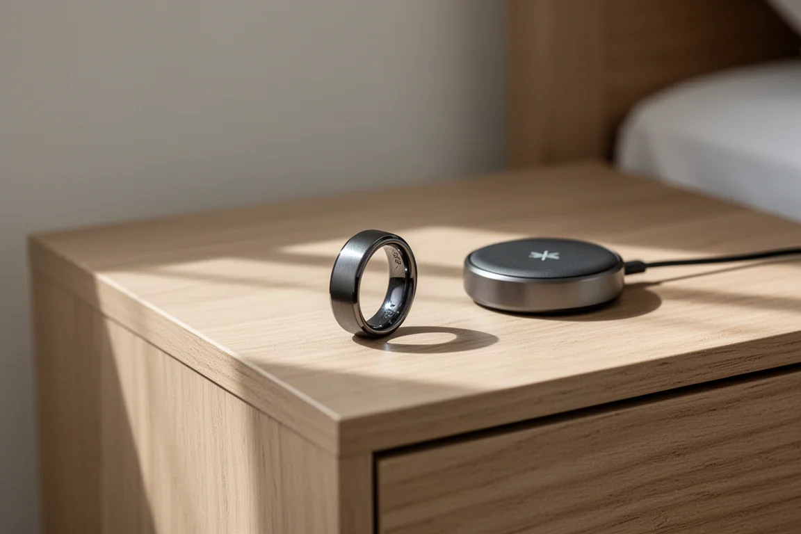 Smart ring i titan som ligger på ett skrivbord i trä bredvid en storlekssats