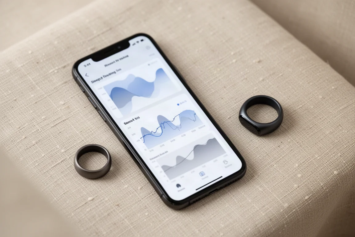 Smart ring på ett finger medan en hälsapp kontrolleras på en mobiltelefon