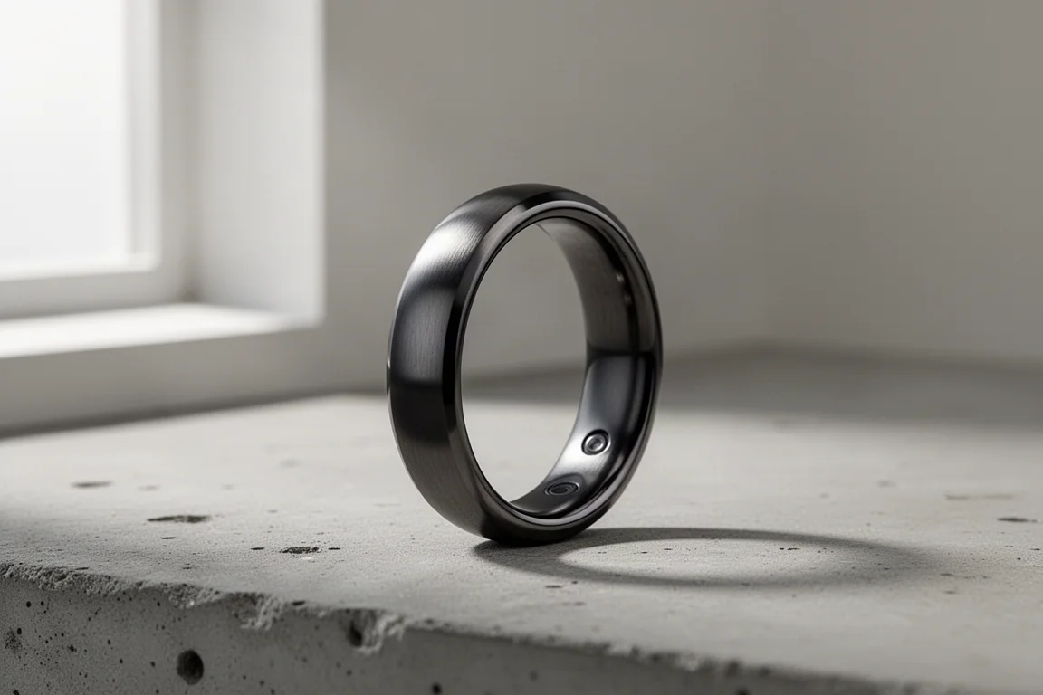 Smart ring sottile in titanio con finitura scura appoggiato in piedi su una superficie di cemento