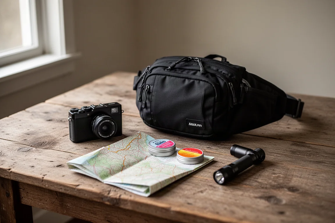 Flat lay de um dia de trilha com câmera compacta, pochete, mapa e pequena lanterna sobre madeira