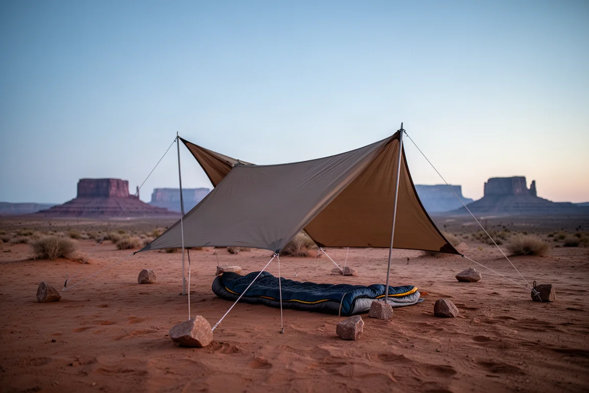 Acampamento minimalista no deserto ao anoitecer com abrigo de tarp baixo e quilt dentro