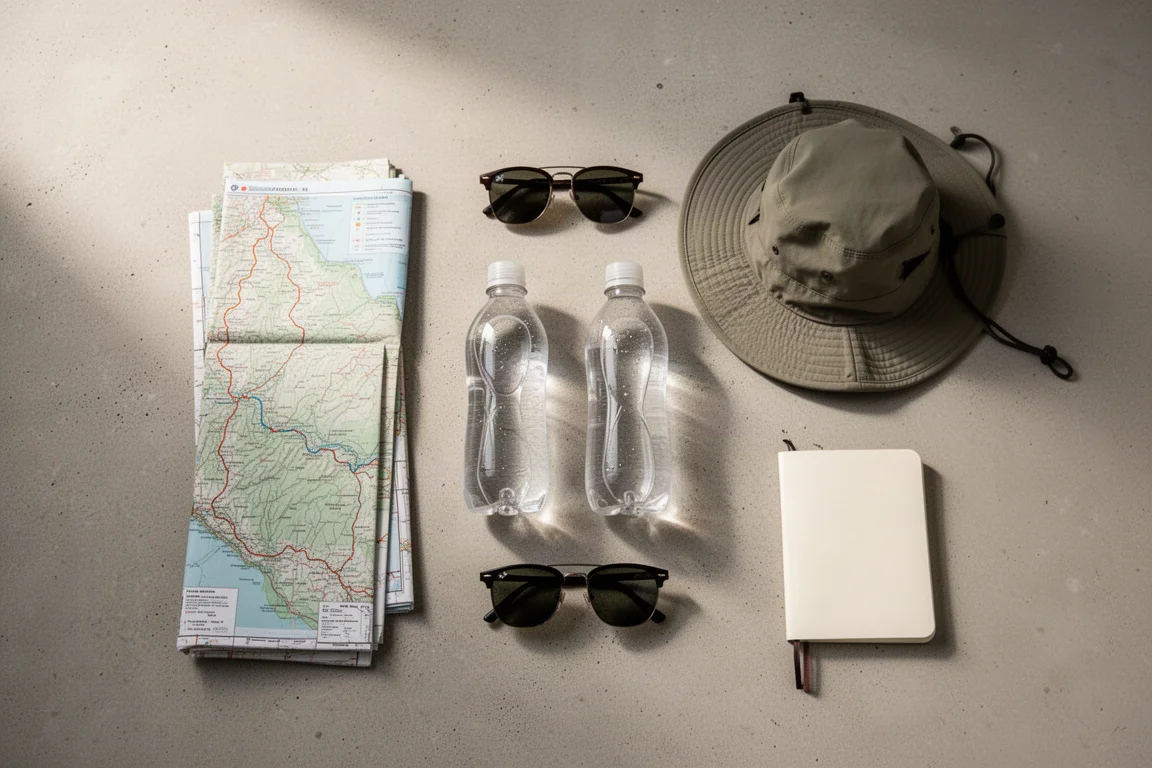 Flat lay visto de cima com mapas, garrafas de água, chapéu e óculos de sol sobre concreto