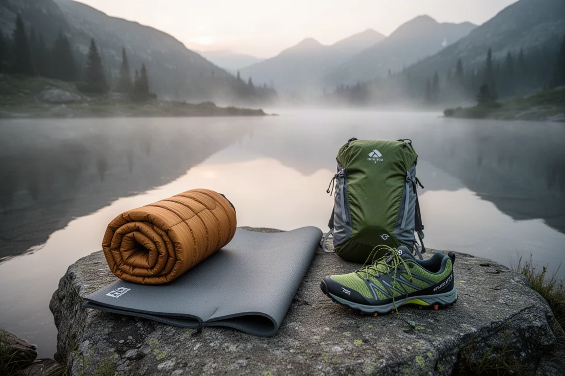 Attrezzatura ultraleggera per backpacking disposta sulla roccia accanto a un lago alpino all'alba