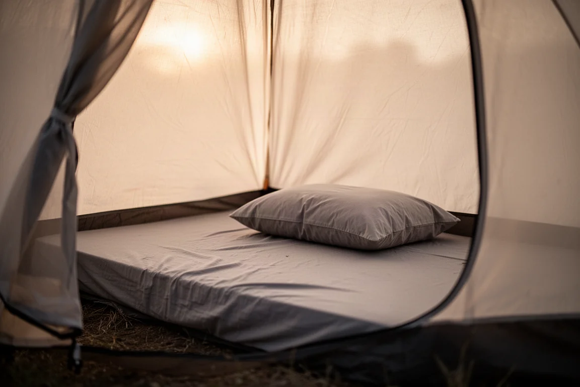 Cuscino da campeggio appoggiato su un materassino all'interno di una tenda all'alba