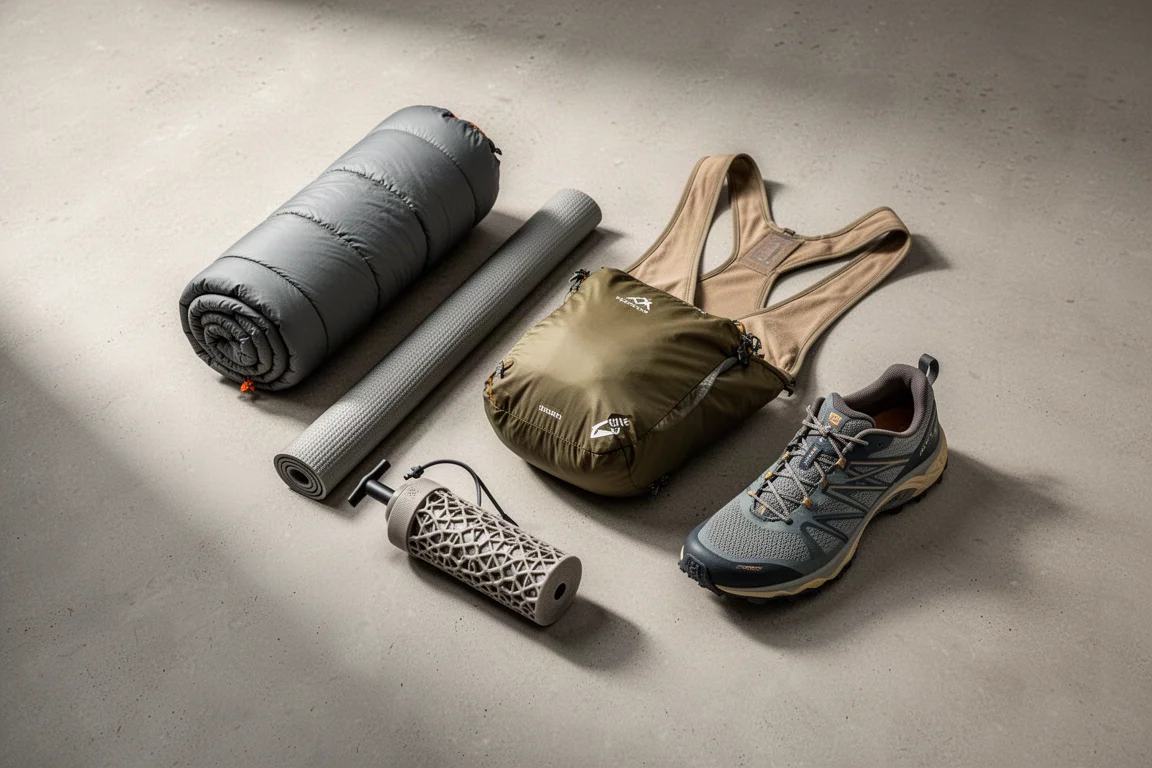 Ultralight backpacking gear arranged overhead on a concrete surface