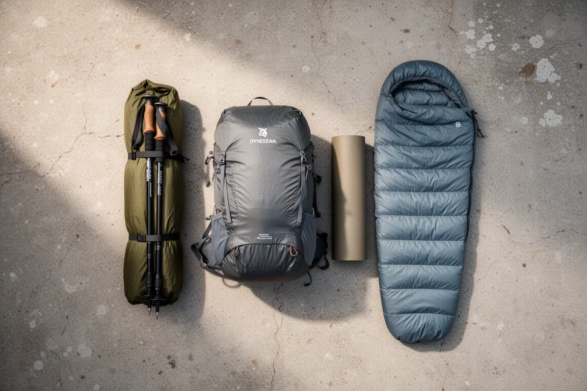Ultralight backpacking gear laid out on a concrete surface