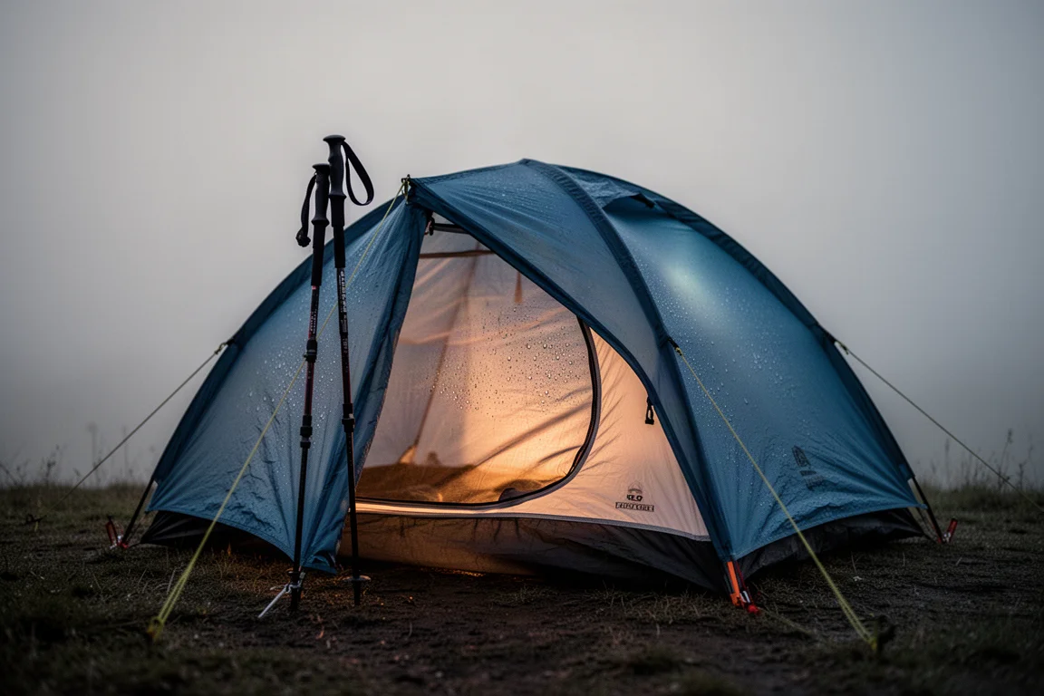 Small trekking pole tent glowing at dusk with warm interior light