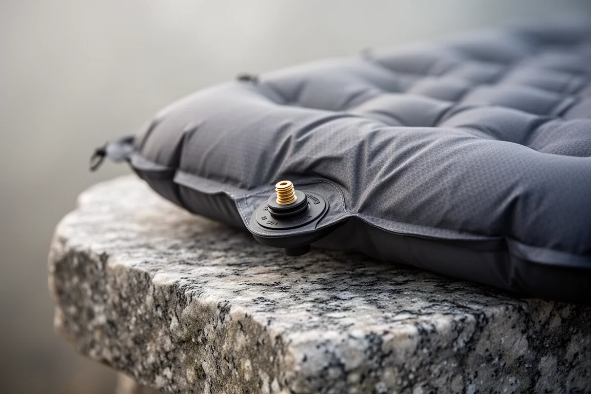 Close-up of a lightweight sleeping pad valve and fabric texture