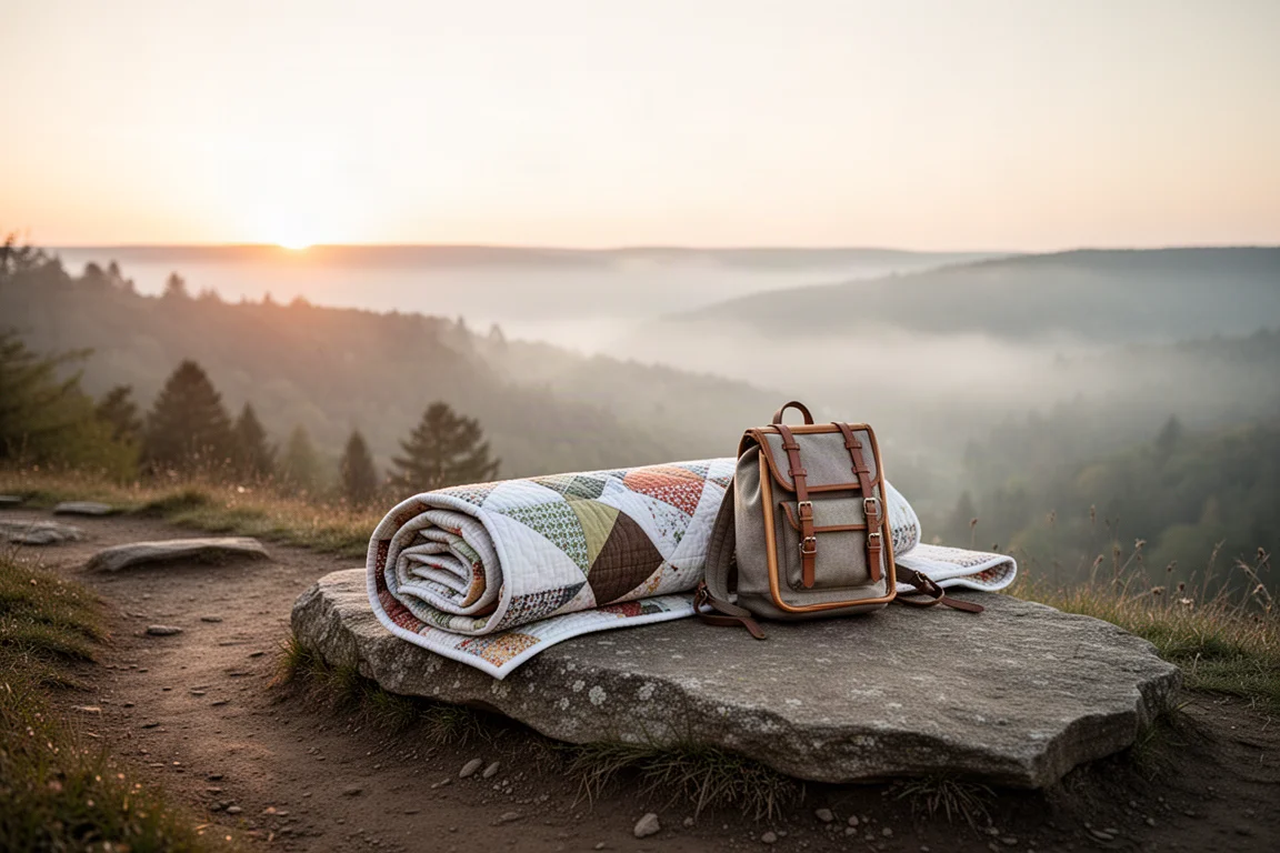 Backpack and quilt on a rock beside a trail at sunrise