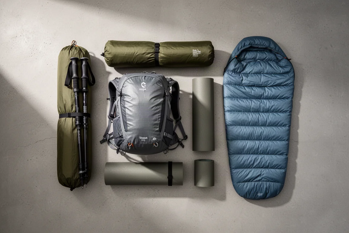 Ultralight backpacking gear flat lay on concrete with tent, pack, pad, and quilt