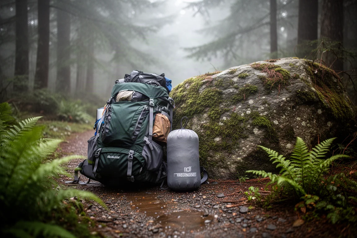 Loaded hiking backpack beside a compact chair stuff sack on a damp forest trail