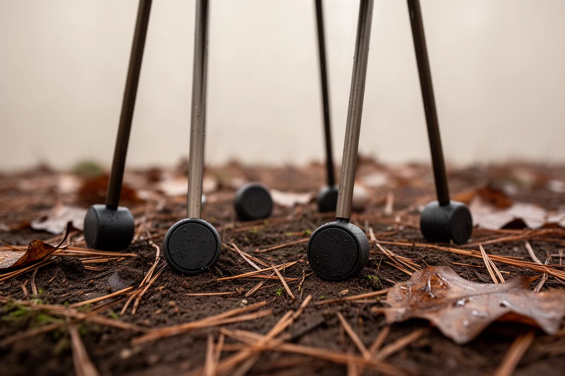 Close-up of four small chair feet resting level on soft damp forest soil