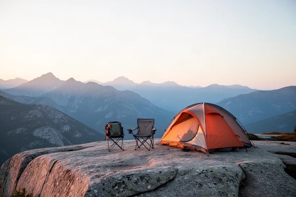 Small packable camp chair beside a low tent on a granite ledge at sunrise