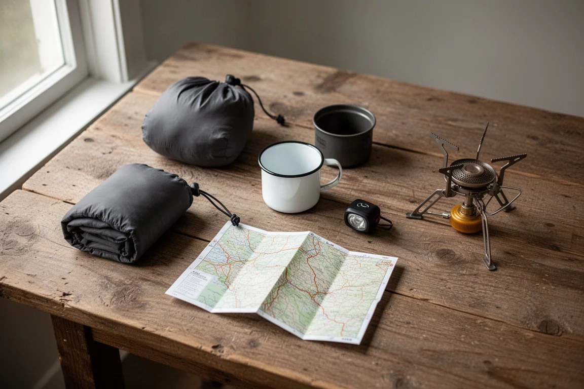 Flat-lay of ultralight camping essentials on a weathered wooden table