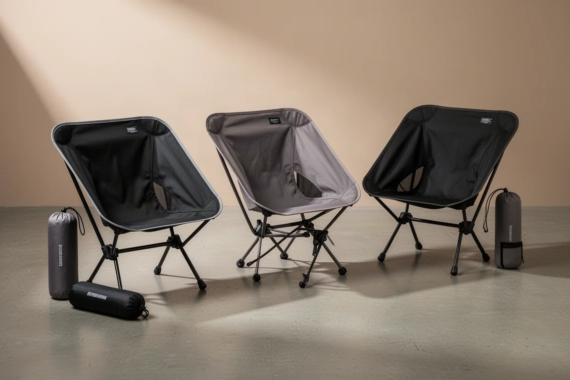 Three compact packable camp chairs with stuff sacks arranged on a concrete surface
