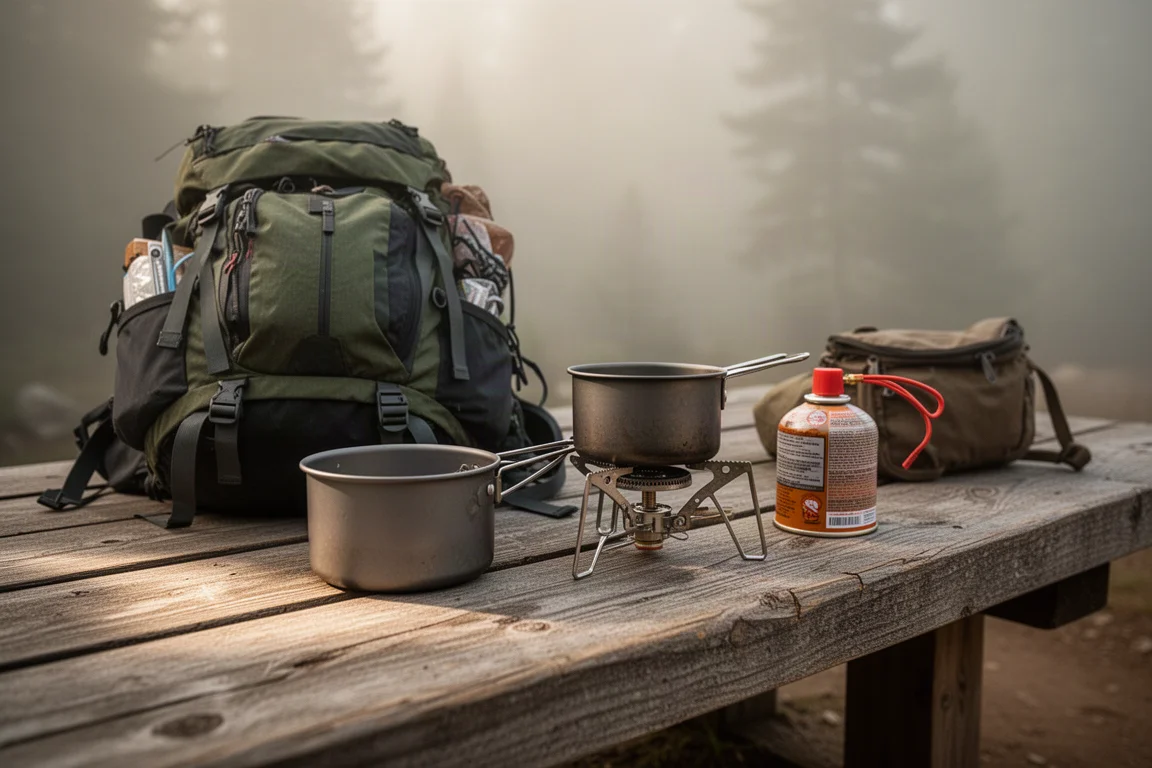 整組收納好的野炊裝備與登山背包並排在登山口的木板上