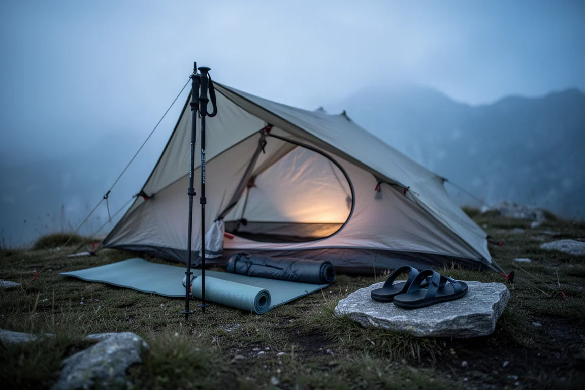Pequeño campamento ultraligero al atardecer con tienda baja y sandalias finas sobre una piedra