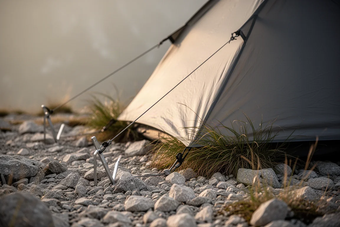 Tienda sujeta con bastones de trekking montada en terreno alpino pedregoso con vientos tensos