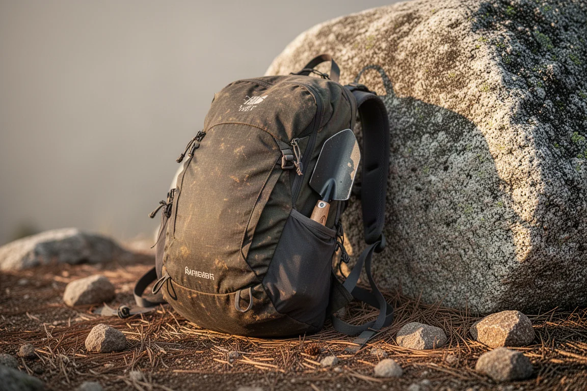 Mochila ultraligera muy usada apoyada en un peñasco de granito al final de la ruta