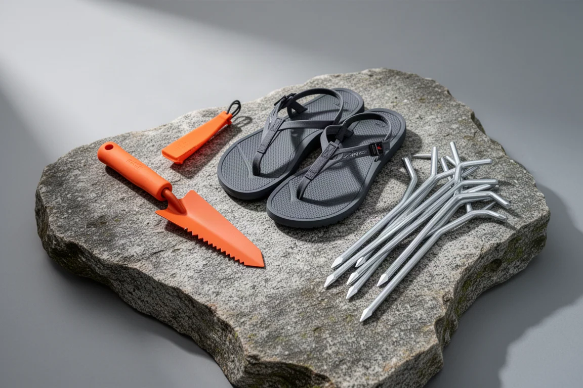 Ultralight trowel, thin camp sandals, and aluminium tent stakes arranged on granite