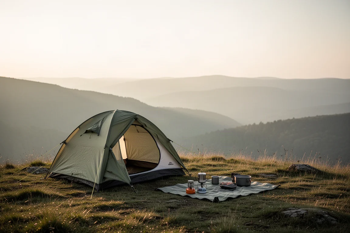 Lightweight tent pitched on a grassy ridge with small camping items laid out beside it