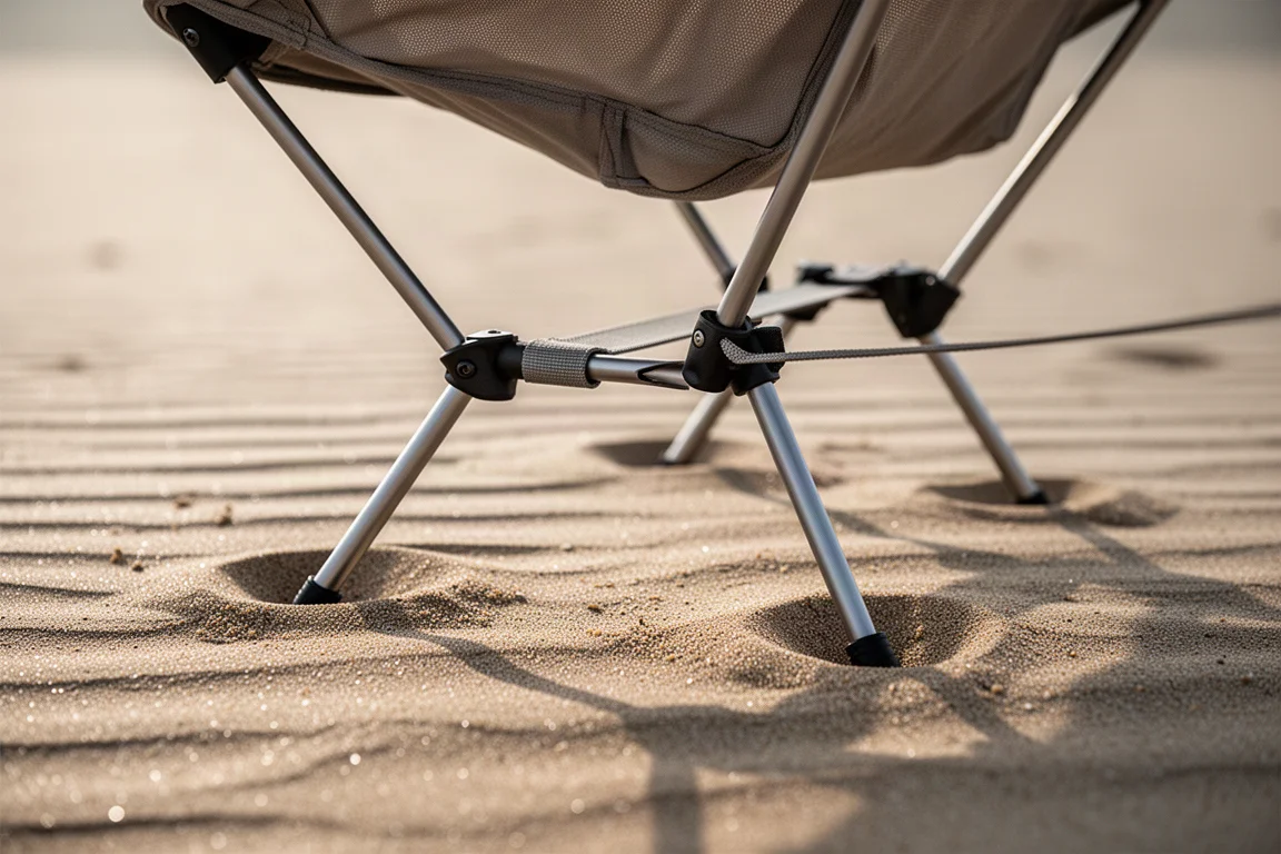 Low-angle view of ultralight camp chair feet joined by a strap on damp sand