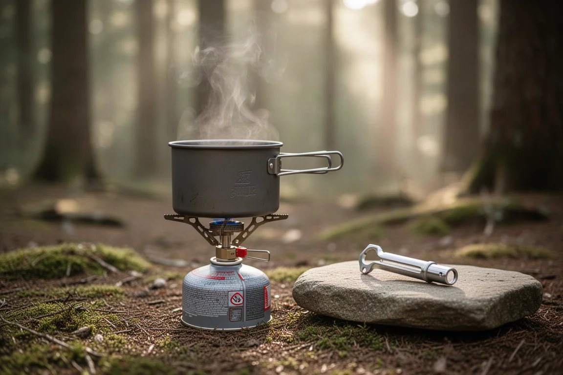 Small camping pot on a canister stove with a compact tool resting nearby