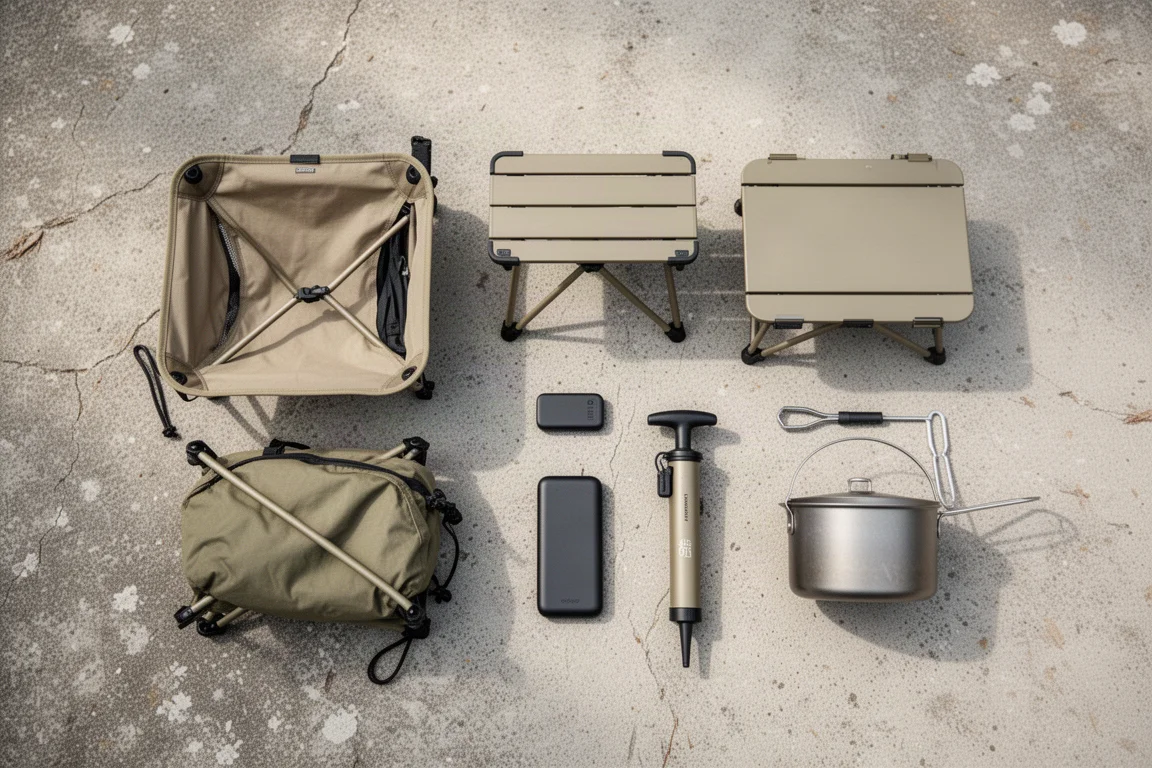 Overhead flat-lay of ultralight backpacking accessories on a concrete surface