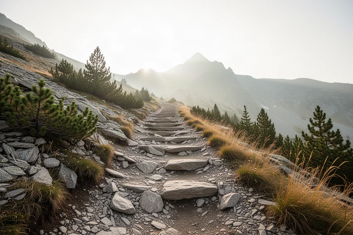 Steep rocky alpine trail climbing toward a distant pass in late summer heat