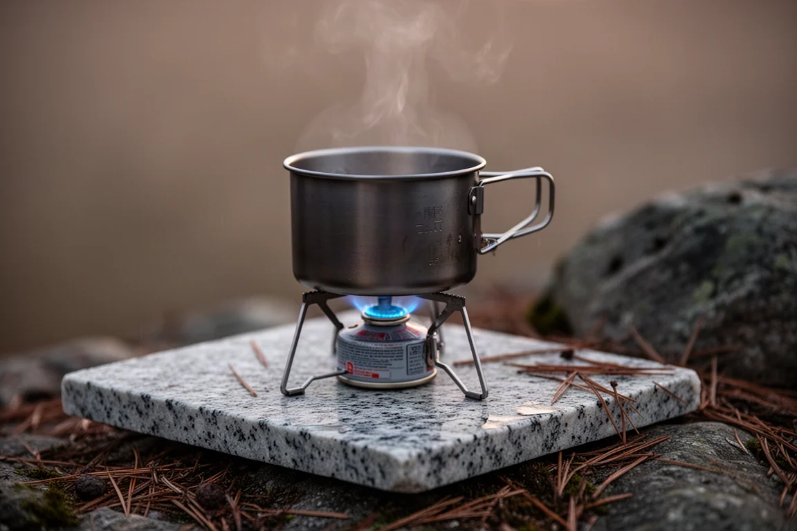 Small titanium pot on granite with a canister stove lit beneath it at dusk