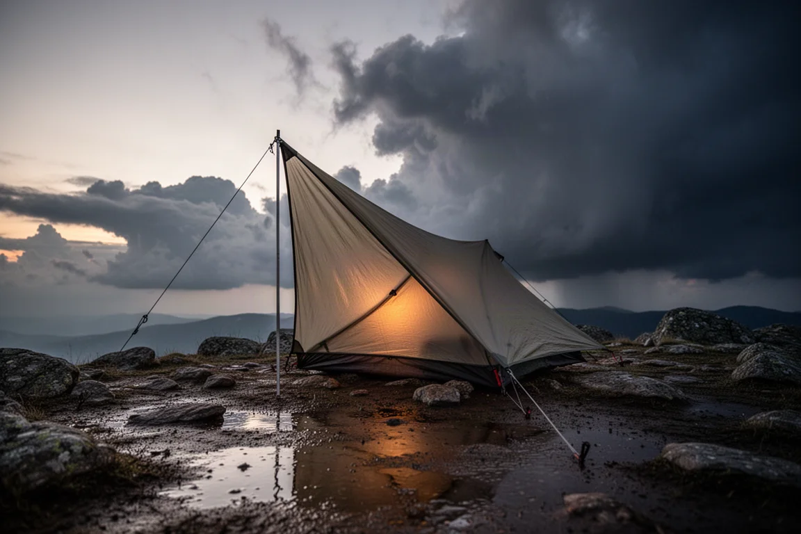 Low single-pole ultralight shelter pitched on a rocky ridge at dusk