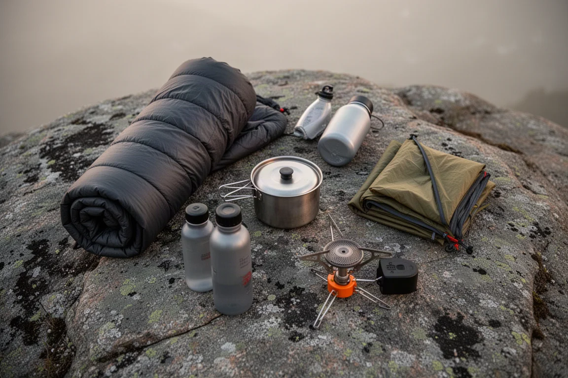 Flat-lay of ultralight backpacking gear spread on granite at dawn