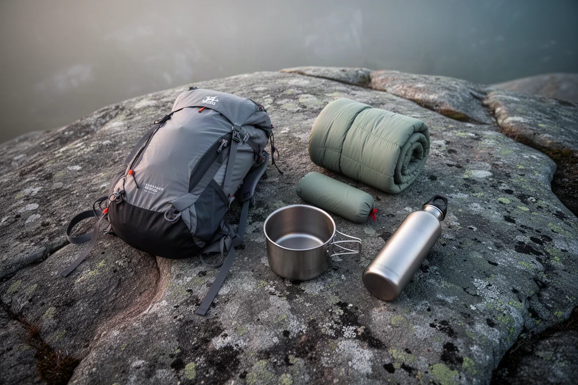 Vista superior de equipamento ultralight para mochilão disposto sobre superfície de concreto