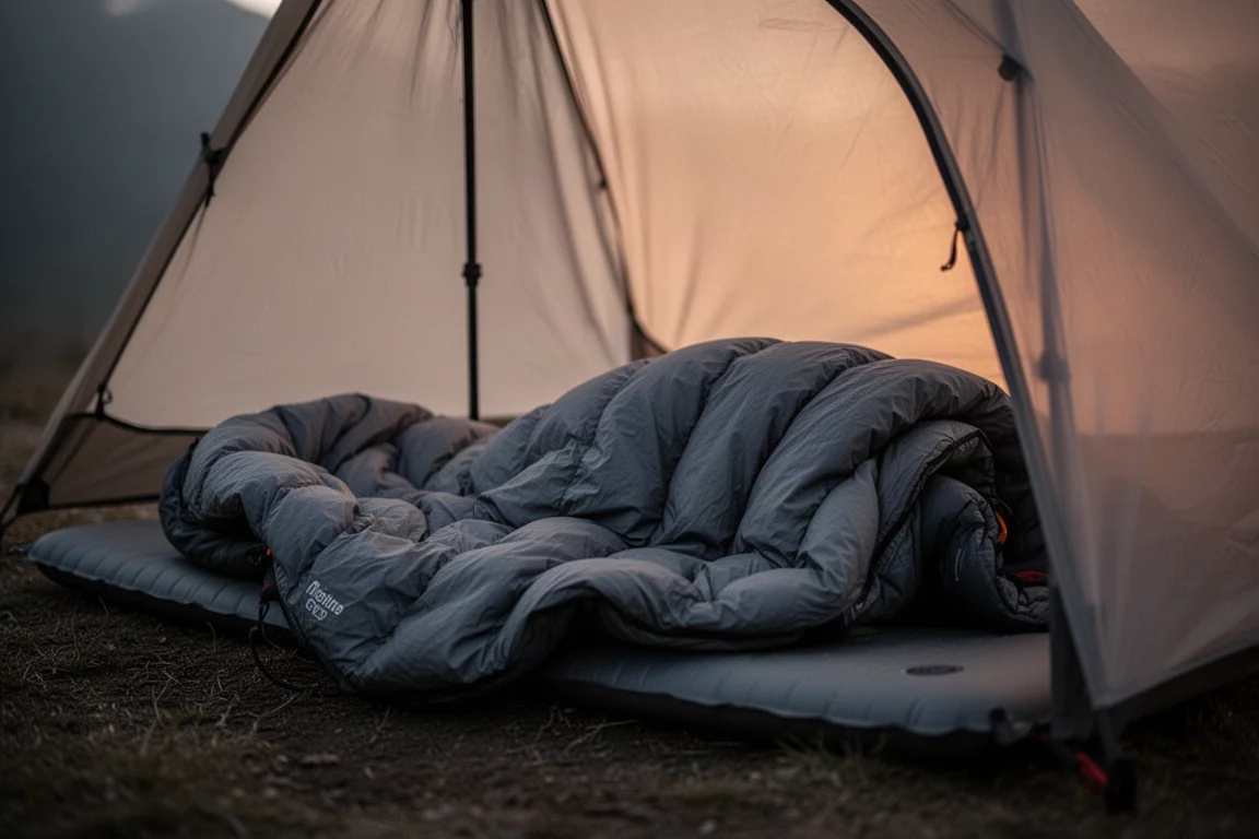 Quilt fofo e colchonete dentro de uma barraca pequena ao amanhecer