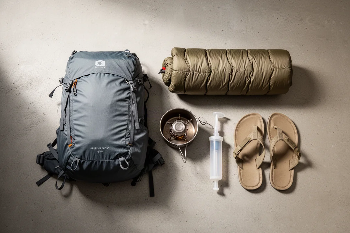 パック、キルト、チタンポット、フィルターなどウルトラライト・バックパッキングギアの真上からのフラットレイ