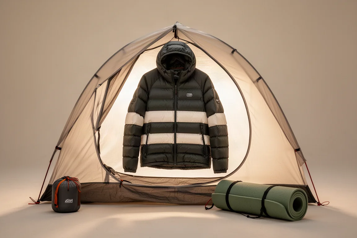 Panela de titânio com bico dosador sobre um fogareiro de acampamento com vapor subindo