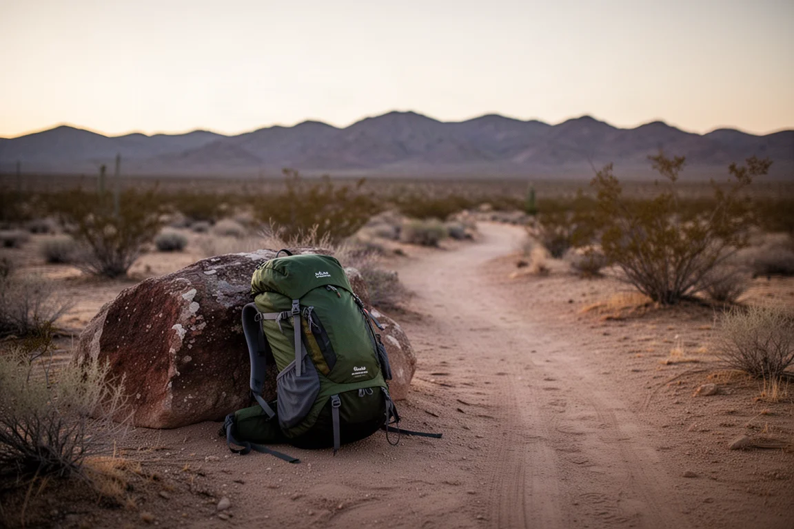 Loaded ultralight backpack leaning against a rock beside a dry desert trail at dusk