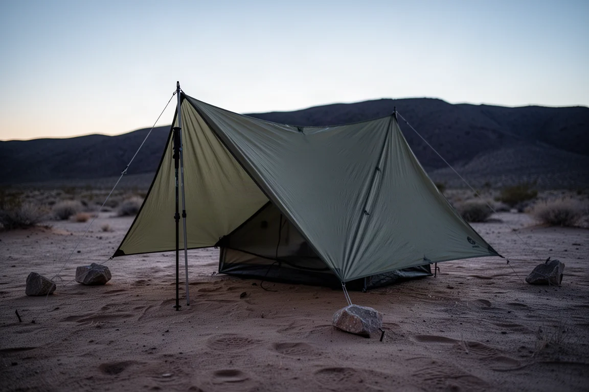 Single-wall trekking-pole shelter pitched on sandy desert ground with guy lines and rocks on stakes