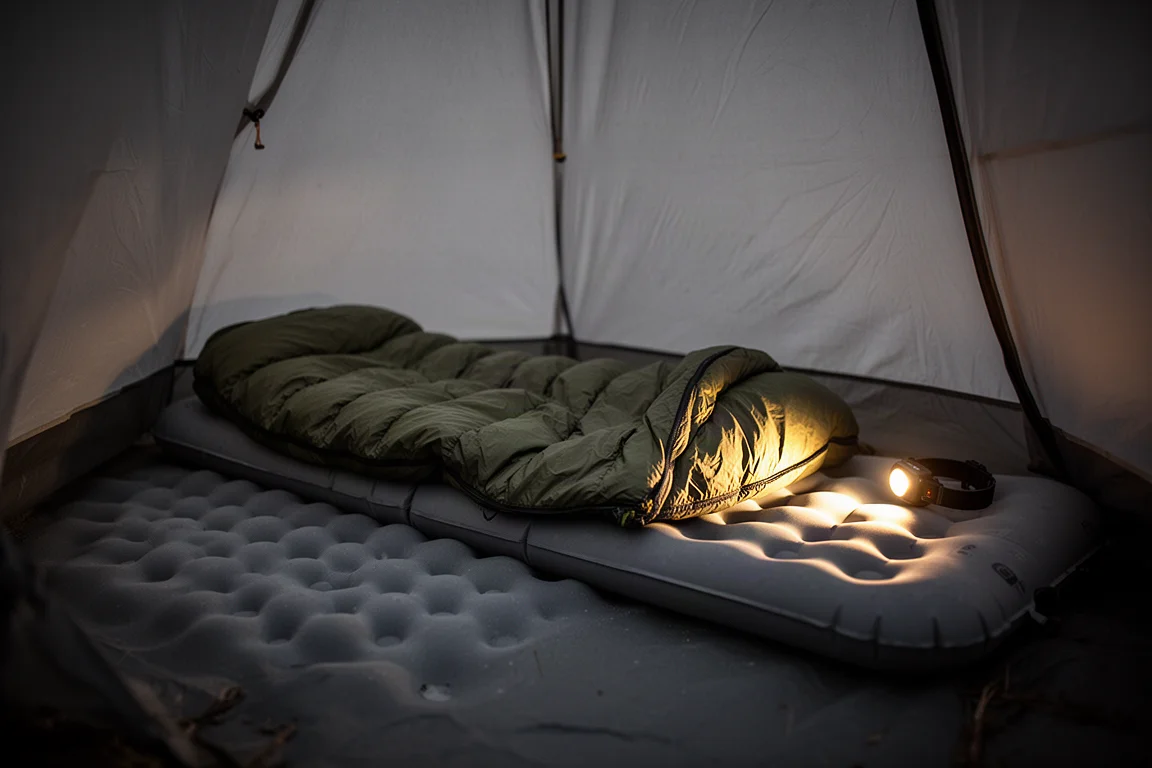 Sleeping pad and down quilt laid out inside a small single-wall shelter at night