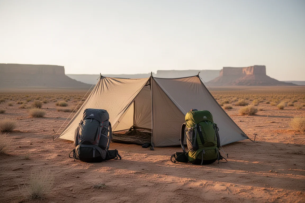 Small ultralight campsite at sunrise on open desert ground with shelter and pack