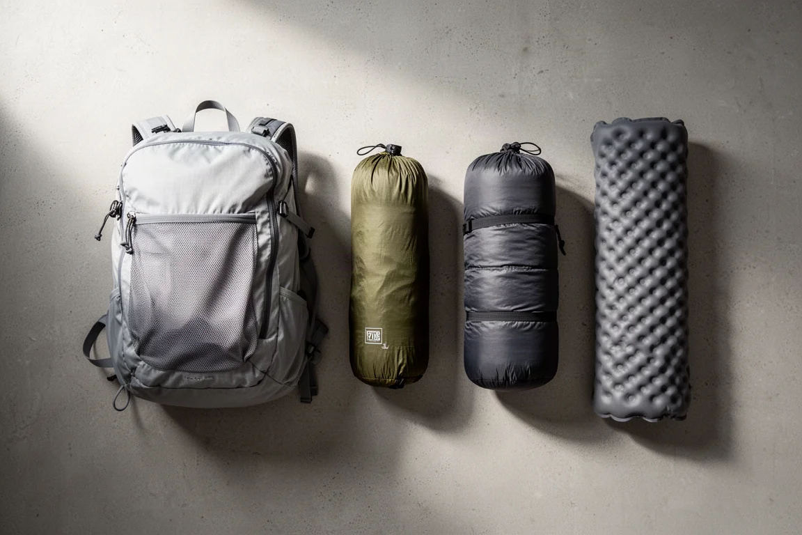 Ultralight pack, shelter, quilt and sleeping pad arranged on a concrete surface