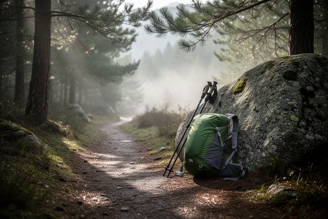 Ultralight backpack and trekking poles resting against a boulder on a forest trail